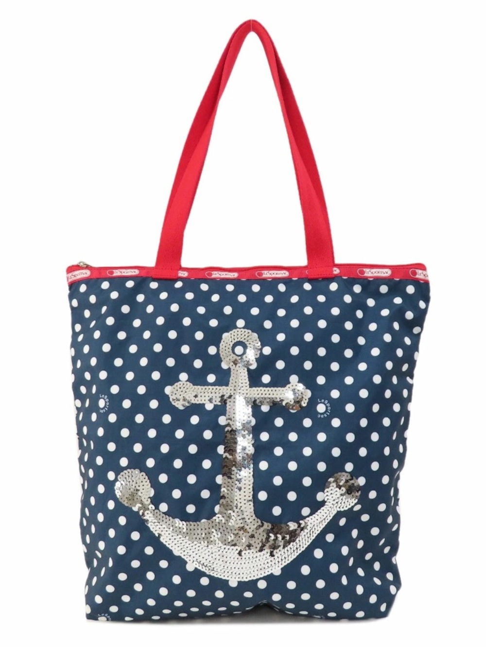 LeSportsac Tote Bag Polka Dots Anchor Sequins Navy Red White Beach Nautical Zip